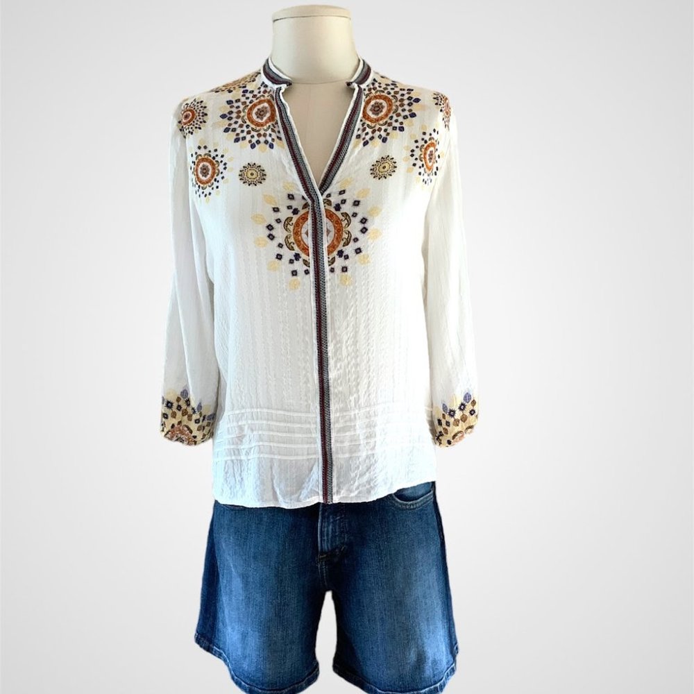 Desigual Boho Blouse with Stand Up Collar and 3/4 Sleeves